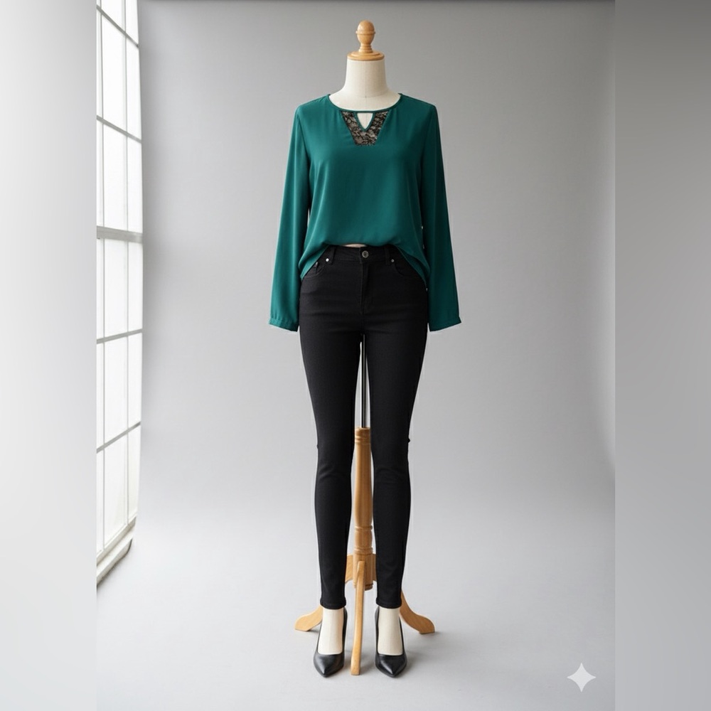 Teal Blouse with Black Lace Detail